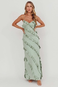 Detail of sage green satin midi dress featuring tiered ruffled layers and smooth silk texture