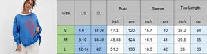 Size chart for women street style sweatshirt with US and EU measurements for S M L