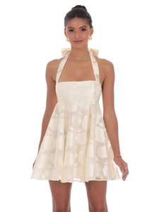 Elegant halter neck floral jacquard mini dress with bow detail and A-line silhouette