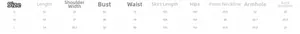 Detailed size chart for backless cowl neck dress showing measurements for S, M and L sizes
