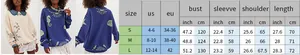 Size chart for women's oversized knit sweater with S, M, and L measurements