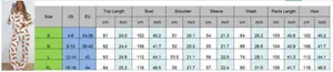 Size chart for Christmas tree loungewear set showing measurements in cm and inches