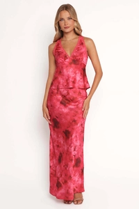 Detail of pink tie-dye satin two-piece set with lace trim V-neck top and maxi skirt