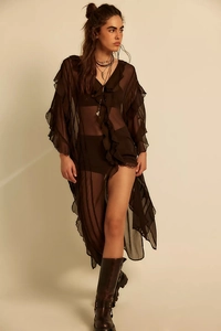 Detail of sheer dark brown chiffon cardigan with layered ruffles and elegant draping effect