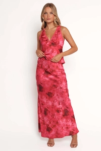 Detail of pink floral gradient satin set featuring lace trim and silky draped fabric