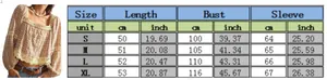 Detailed size chart for lace patchwork plaid blouse including S to XL measurements