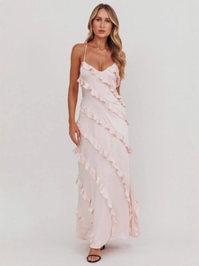 Women Elegant Satin Ruffle Maxi Dress French Backless Spaghetti Strap V Neck Sexy Party Evening Vacation Long Slip Dress