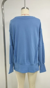 Rear view of blue crewneck sweatshirt featuring distinctive white contrast stitching details