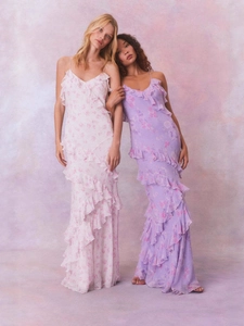 Women French Floral Backless Maxi Dress Chiffon Ruffled V Neck Halter Sexy Vacation Party Wedding Long Dress