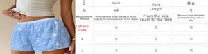 Detailed size chart for sequin shorts including waist, length, and hip measurements