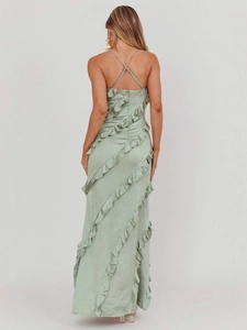 Sage green satin backless maxi dress with ruffled details and cross-strap design