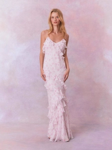Floral chiffon backless maxi dress with ruffled layers and delicate straps for summer