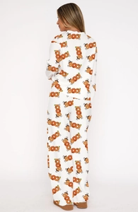 Detailed back view of Christmas pajamas featuring festive BOO pumpkin and ghost prints