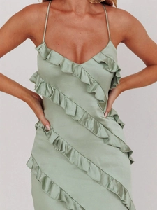 Elegant mint green satin slip dress with tiered ruffles and a deep V-neckline