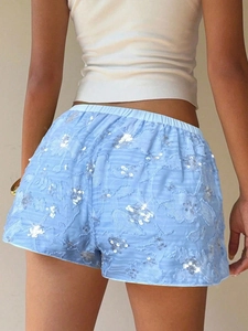 Women's light blue sequin shorts with elastic waist and floral lace embroidery