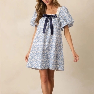 Women Sweet Floral Puff Sleeve Dress Square Neck Lace Trim Bow Mini A-Line Dress Summer Vacation Vintage Style