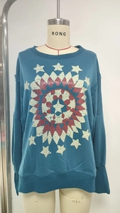 Detail of teal crewneck sweatshirt featuring star pattern and ribbed cuffs and hem