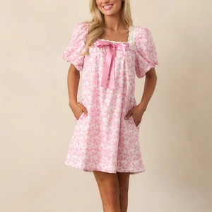 Pink floral dress with puff sleeves and lace trim square neckline for women
