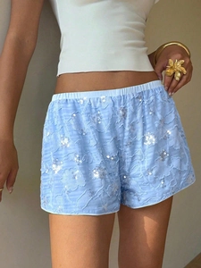 Women Sexy Sequin Floral Embroidery Shorts Elastic High Waist Fashion Summer Party Beach Bottoms Nightclub Hot Shorts