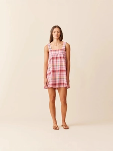 Ärmelloses Damen-Minikleid mit Karomuster in Rosa und quadratischem Ausschnitt