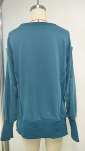Detailed back view of a teal crewneck sweatshirt with ribbed cuffs and loose fit