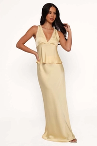 Detail view of the silk satin V-neck camisole top with lace trim and matching maxi skirt