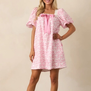 Pink floral mini dress with puff sleeves, lace square neck and satin bow detail