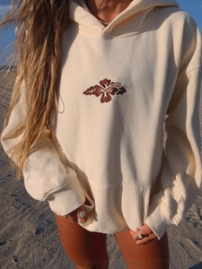 Cream drop shoulder hoodie with sun flower embroidery and front kangaroo pocket