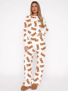 Women Halloween Pumpkin Boo Print Pajama Set Pink Bow Pattern Printed Loungewear Top And Bottom Polyester Sleepwear