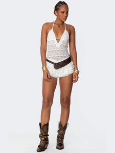 Women Sexy Lace Halter V Neck Romper Backless Ruffle Hem Jumpsuit Sleeveless Bohemian Summer Fashion Party Outfit