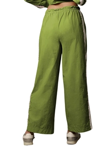 Women's green high-waisted wide-leg trousers with white side stripes and elastic waist