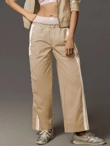 Women's high waist wide leg beige track pants with lace trim side stripes and drawstring