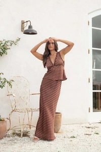 Chic brown polka dot satin two-piece set with lace trim camisole and maxi skirt