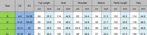 Detailed size guide table for hoodie and pants set showing CM and INCH measurements