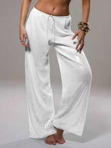 Pantalon large à paillettes blanches élégant avec taille élastique et cordon de serrage