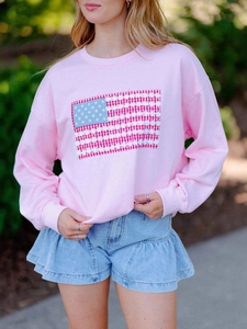 Sweat-shirt Pull-over Rose Décontracté pour Femmes Coupe Ample Col Rond Manches Longues avec Patch Drapeau Américain Floral