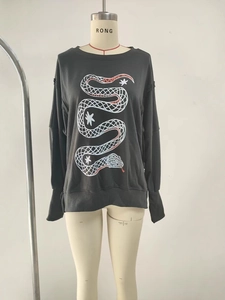 Dark gray round neck sweatshirt with graphic snake print and ribbed long sleeves