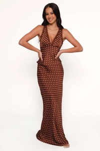 Polka dot two-piece set featuring a V-neck lace top and flowing floor-length maxi skirt