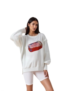 Loose white sweatshirt with sardines print and matching white cycling shorts set