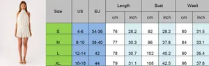 Detailed size chart for white backless halter mini dress including US and EU measurements