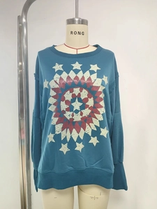 Teal crewneck sweatshirt with retro geometric star print and ribbed cuffs in loose fit