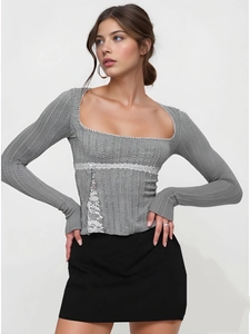 Women Square Neck Lace Patchwork Long Sleeve Knit Top Ribbed Slim Fit Vintage Sweet Streetwear Base Shirt For Autumn