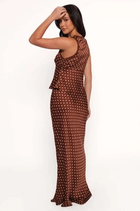Detail of brown polka dot two-piece set with lace trim and satin texture back view