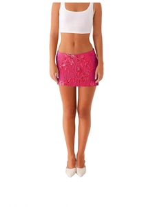 Y2K-Minirock in Pink mit 3D-Blumen-Perlenstickerei und schimmernden Pailletten