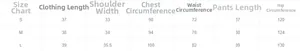 Detailed size chart for women's two-piece set showing length, bust, and waist measurements