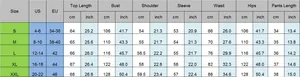 Detailed size chart for long-sleeve pajama set with US and EU measurements in cm and inches
