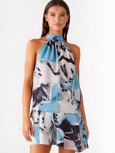 Damen Sexy Neckholder Rückenfrei Mini Kleid Ärmellos Plissee Slim Fit Abstrakt Ink Tierdruck Sommerurlaub Streetwear Kleid