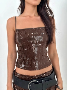 Haut caraco marron à paillettes pour femmes avec fines bretelles et col carré rétro