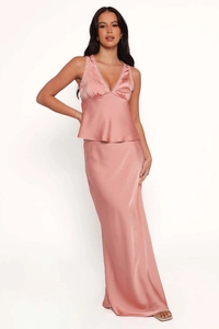 Close-up of the delicate lace trim on the V-neck satin top in elegant dusty pink
