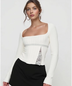 Detail of square neck knit top with delicate lace patchwork and fine ribbed texture
